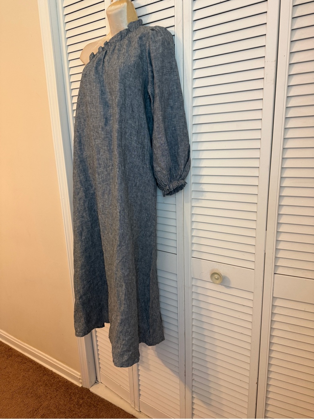 Lake Milly Midi Dress Navy Blue Linen Small Ruffle Coastal Nautical Beach Resort - Picture 3 of 9